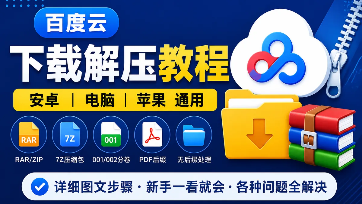 百度云下载解压教程：安卓电脑苹果通用，RAR/ZIP/001/002/PDF后缀完整说明